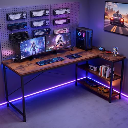 DUMOS L Shaped Desk, 55 Inch Computer Gaming Corner Desks with Shelves | Home Office PC Table, Writing Working Study Desk for Bedroom Dorm, Reversible Design, Rustic Brown - color: Rustic Brown, size: 55 in