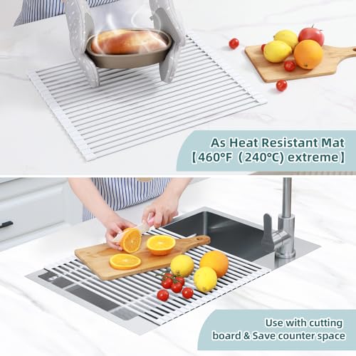 Ohuhu Over Sink Dish Drying Rack, 17.6" W x 15.4" L Roll Up Dish Racks Kitchen Sink Organizer Silicone Wrapped Large in Sink Dish Drying Rack Foldable Rolling Drain Mats Anti-Slip - color: White, size: 17.6"W x 15.4"L