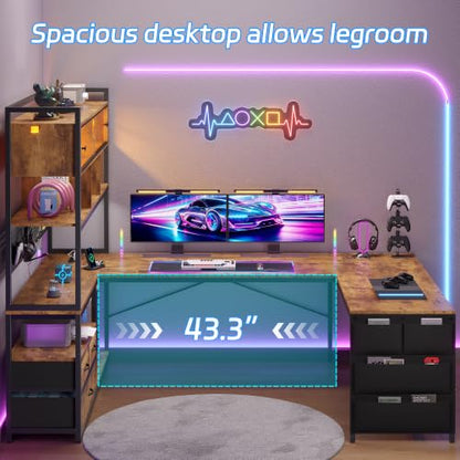 busyeah U-Shaped Gaming Desk with Storage Shelves & 3 Drawers, Rustic Brown | Reversible Computer Desk with LED Lights & Charging Station, Gaming Desk with Hutch and Pegboard for Home Office, Gamers - color: Rustic Brown