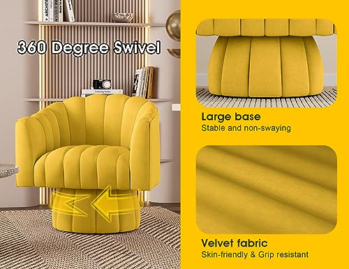 Dewhut Swivel Barrel Accent Chair, Velvet Reading Armchair, Yellow, Set 1 | Mid Century Style, Modern Round ArmChair With 360° Swivel Base, For Living Room / Bedroom / Office - color: Yellow