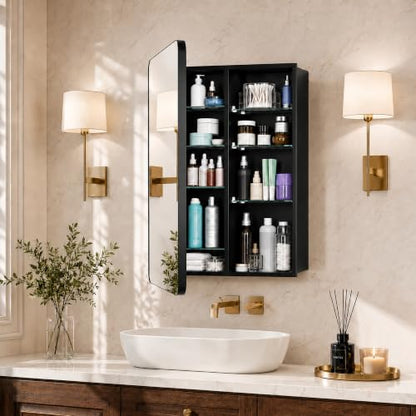 24 x 30 Black Medicine Cabinet Mirror, Recessed or Surface Mount | Bathroom mirror with storage: 6 adjustable shelves fit tall bottles; DTC soft-close hinges; rust-resistant aluminum - size: 24" x 30"