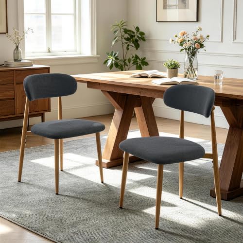 FREKEN Modern Upholstered Dining Chairs Set of 2, Mid-Century Metal Frame with Wood Grain, Linen Fabric Side Chair for Kitchen Dining Room, 350lbs Capacity, Black - color: Black - Wood Grain Legs, size: Set of 2