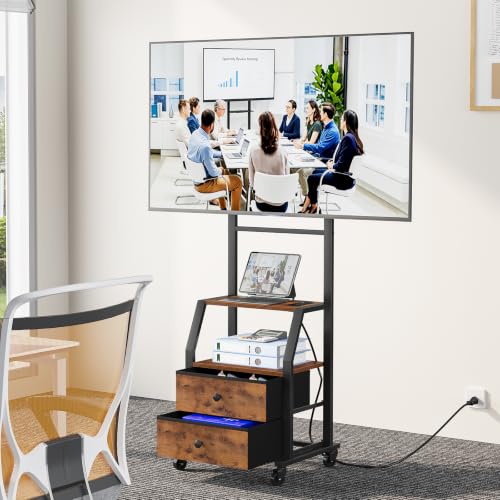 Snughome Rolling TV Stand for 32-55 Inch TVs, Mobile TV Stand with Wheels | With Mount, 2 Fabric Storage Drawers & Power Outlet, Sturdy Steel Frame,Entertainment Center for Bedroom, Living Room