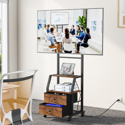Snughome Rolling TV Stand for 32-55 Inch TVs, Mobile TV Stand with Wheels | With Mount, 2 Fabric Storage Drawers & Power Outlet, Sturdy Steel Frame,Entertainment Center for Bedroom, Living Room