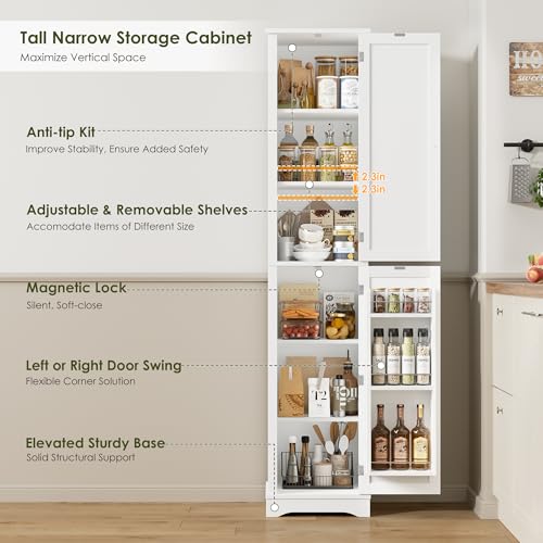 71" Tall Narrow Storage Cabinet with Reversible Doors, Small Pantry, White | Slim Kitchen Pantry with Adjustable Shelves, Spice Rack, Modern Narrow Cabinet for Bathroom, Living Room, Entryway