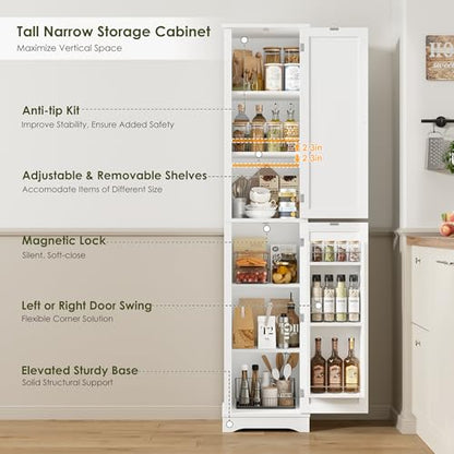 71" Tall Narrow Storage Cabinet with Reversible Doors, Small Pantry, White | Slim Kitchen Pantry with Adjustable Shelves, Spice Rack, Modern Narrow Cabinet for Bathroom, Living Room, Entryway