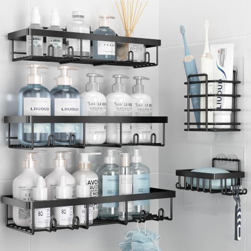 Liuoud Shower Caddy 5 Pack XL-Size Adhesive Stainless Steel Organizer | XL Capacity, With Strong Adhesive, Rustproof, No Drilling Wall Mount Shelvs For Daily Bathroom Organization Decor Set, Black - color: Black, size: Extra Large