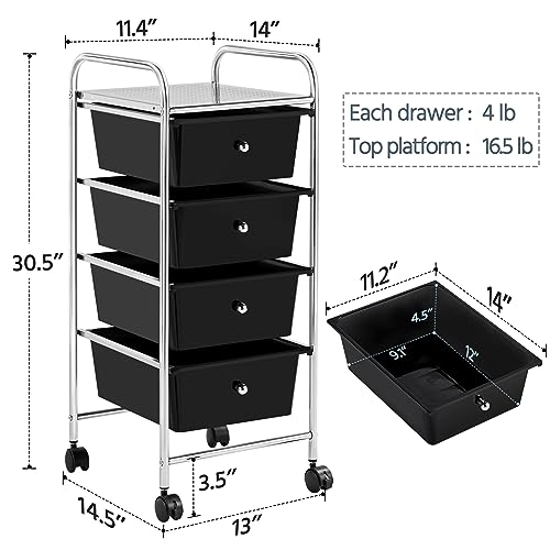 Yaheetech 4-Drawer Rolling Storage Cart with Wheels, Slim Organizer, Black | Four drawers plus a top shelf organize craft to bath gear; slim chrome-steel frame, plastic bins, locking wheels, easy setup. - color: Black, style: 4 Drawers