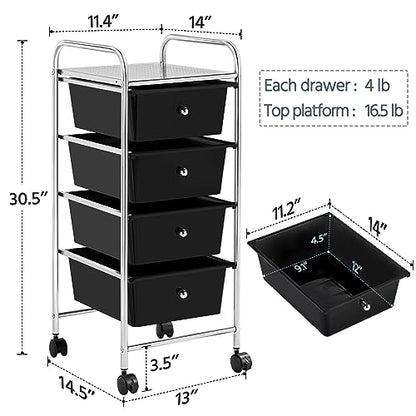 Yaheetech 4-Drawer Rolling Storage Cart with Wheels, Slim Organizer, Black | Four drawers plus a top shelf organize craft to bath gear; slim chrome-steel frame, plastic bins, locking wheels, easy setup. - color: Black, style: 4 Drawers