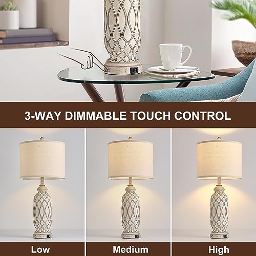 Farmhouse Table Lamps for Bedroom Set of 2, 28" Rustic Bedside Lamp with USB Ports, 3-Way Dimmable Nightstand Table Lamp for Living Room - color: 1.off white