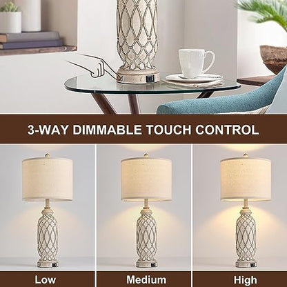 Farmhouse Table Lamps for Bedroom Set of 2, 28" Rustic Bedside Lamp with USB Ports, 3-Way Dimmable Nightstand Table Lamp for Living Room - color: 1.off white