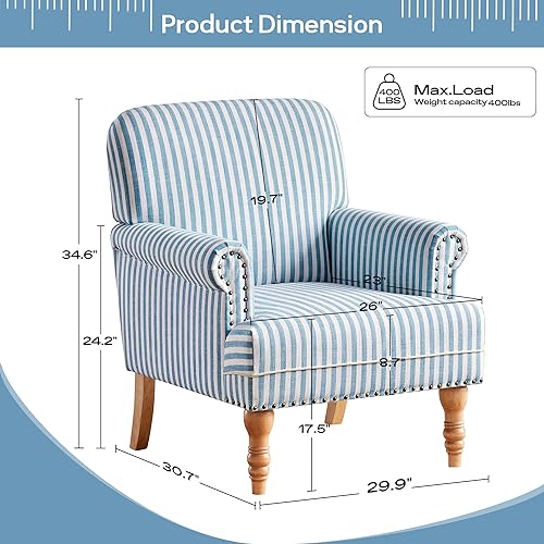 HUIMO Linen Fabric Accent Chair, Mid-Century Modern Armchair with Solid Wood Legs, Single Sofa Chair,Upholstered Reading Club Chair (1, Blue and White Stripe) - color: Blue and White Stripe