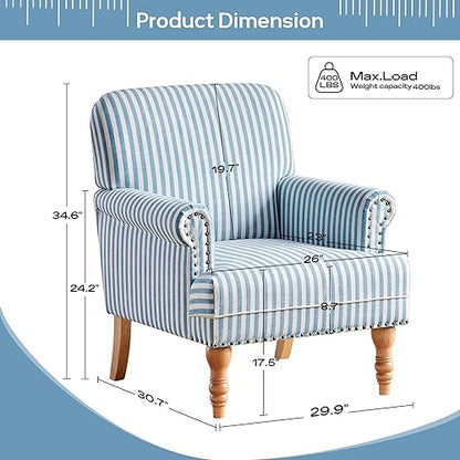 HUIMO Linen Fabric Accent Chair, Mid-Century Modern Armchair with Solid Wood Legs, Single Sofa Chair,Upholstered Reading Club Chair (1, Blue and White Stripe) - color: Blue and White Stripe