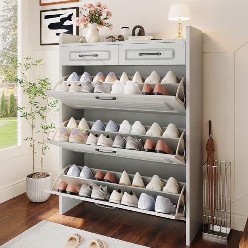 Lakifun Narrow Shoe Organizer Cabinet with 3 Large Flip Drawers & 2 Storage Drawers - Slim Shoe Storage for Entryway, Hallway, Bedroom, Apartment, Light Gray - color: Light Gray
