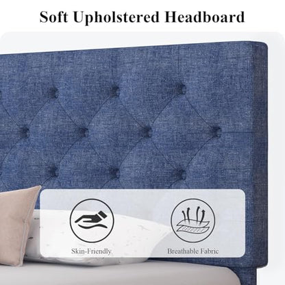 HOMBCK Full Bed Frame with Headboard, Linen Fabric Upholstered Bed Frame Full, Blue Bed Frame with Wood Slats, Button Tufted, No Box Spring Needed, Blue - color: Blue, size: Full