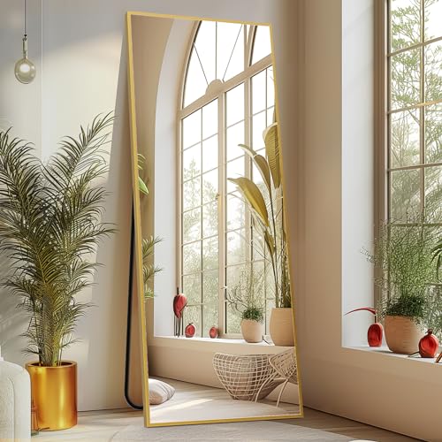 Sweetcrispy 64"x21" Full Length Mirror, Standing Full Body Mirror, Gold | Aluminum Alloy Thin Frame, Floor or Standing, Suitable for Bedroom, Living Room, Cloakroom - color: Gold-rectangle, size: 64"L x 21"W