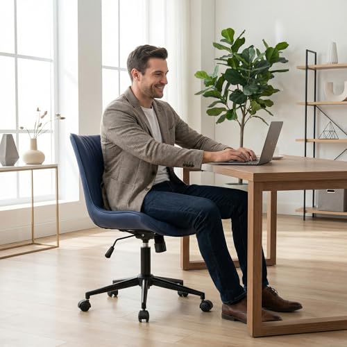 YOUTASTE Navy Blue Office Chair, Faux Leather Armless Desk Chair with Wheels, Height Adjustable, Swivel, Rocking, 300 lbs Capacity, Metal Base, for Home Office Vanity, Purple - color: Navy Blue