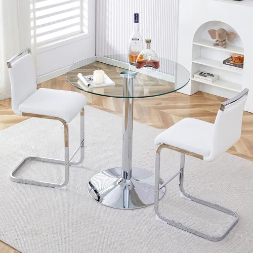 Bar Table and Chairs Set of 2,Round Counter Height Dining Table Set,35” Glass Round Bar Table Set with White Bar Stools,Sturdy Silver Chrome Base,Small Pub Table Set for Apartment,Kitchen(36"H - color: Silver&white