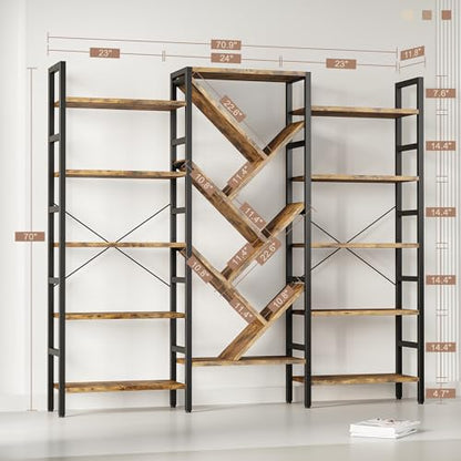 70x70 Triple 5 Tier Book Shelf, Large Wooden Bookcase with 17 Open Display Shelf, Modern Tree Bookshelf Metal Frame Tall Book Case Furniture for Living Room Bedroom Home Office Rustic Brown - color: Brown, size: 5 tier