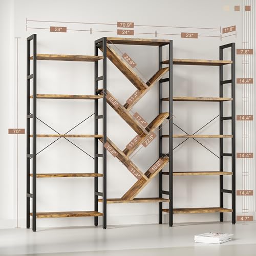 70x70 Triple 5 Tier Book Shelf, Large Wooden Bookcase with 17 Open Display Shelf, Modern Tree Bookshelf Metal Frame Tall Book Case Furniture for Living Room Bedroom Home Office Rustic Brown - color: Brown, size: 5 tier