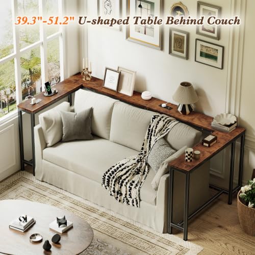 110.2" Narrow Adjustable Console Table with 2 Outlets, 39.3"-51.2" Adjustable Length U Shaped Table Behind Couch, 4 Assembly Options, Extra-Long L Shaped Entryway Tables for Living Room, - color: Rustic Brown