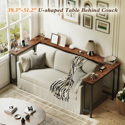 110.2" Narrow Adjustable Console Table with 2 Outlets, 39.3"-51.2" Adjustable Length U Shaped Table Behind Couch, 4 Assembly Options, Extra-Long L Shaped Entryway Tables for Living Room, - color: Rustic Brown
