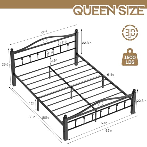 Metal Queen Bed Frame with Headboard | 1500LBS Heavy Duty, With Footboard, No Box Spring Needed, Noise Free, 12'' Under-Bed Storage, Tool-Free Assembly - size: Queen