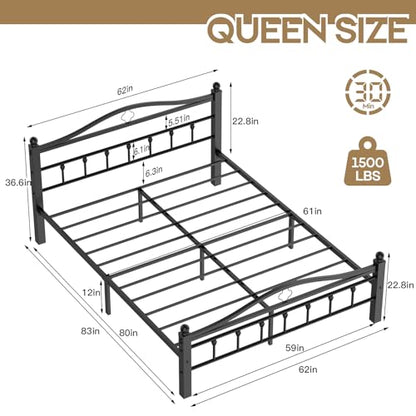 Metal Queen Bed Frame with Headboard | 1500LBS Heavy Duty, With Footboard, No Box Spring Needed, Noise Free, 12'' Under-Bed Storage, Tool-Free Assembly - size: Queen