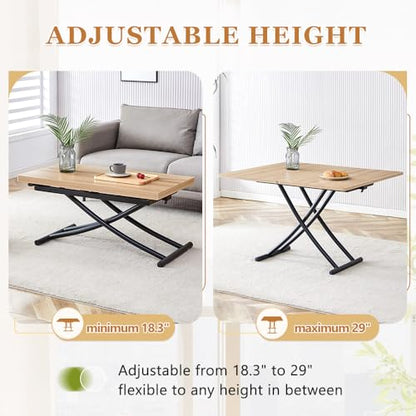 Adjustable Height Coffee Table, 4-in-1 Folding Dining Table, Oak | Convertible lift top table for use as a coffee table, dining table, home office desk or vanity - color: Oak & Black Legs