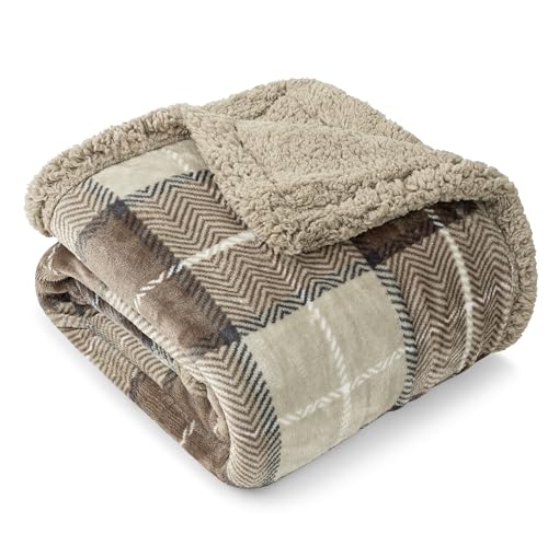 PAVILIA Plaid Sherpa Throw Blanket for Couch Sofa Bed, Dark Grey, 50x60 | GSM 460; Soft Plush Flannel Fleece; Warm&Cozy for Home; Machine Washable, Perfect Cabin Decor Winter Holiday Christmas Gift - color: Plaid Taupe, size: 50 x 60 Inches