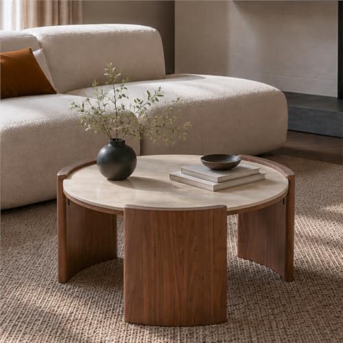 KEIKI 31.5" Round Sintered Stone Coffee Table, Glossy Travertine Look Center Table with Thick Slab Legs, Modern Circular Cocktail Table for Living Room, Apartment, Walnut Yellow - color: Walnut Yellow