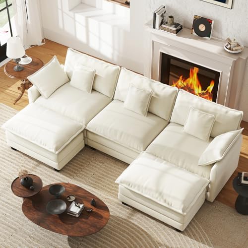 111.4" Modular Sectional Sofa, U Shape Cloud Couch with 2 Movable Ottoman, Comfy Chenille Deep Seat Sofa with Soft Pillows for Living Room Bedroom Apartment (Beige) - color: Beige, size: 111.4" U Sofa