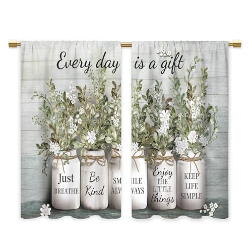 Green Leaves Eucalyptus Inspirational Kitchen & Bathroom Curtains - Rustic Flower Quotes, Farmhouse Floral Cafe Style - 27.5x39 Inch - color: A4 Green Botanical, size: 27.5"W x 39"L (Pack of 2)
