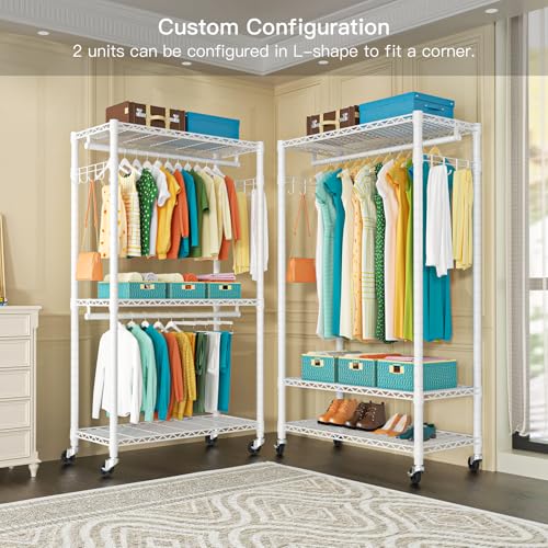 P1 Heavy Duty Garment Rack, 3 Tiers Adjustable Rolling Metal Closet | White Clothing Organizer with Lockable Wheels, Free-Standing Wardrobe with Double Hanger Rods and Hooks, Max Load 450lbs - color: White, size: P1