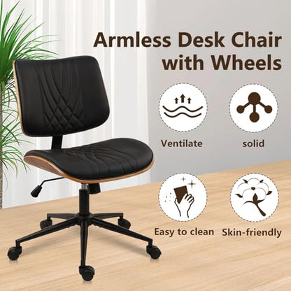 CLATINA Armless Home Office Chair, Desk Chair with Wheels, Adjustable Height Reading Chair, Leather Mid Back & Swivel Computer Chair, Modern Walnut Chairs with Back for Studio Meeting Room(Black) - color: Black Diamond-a, size: 1 Pack
