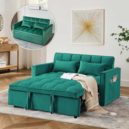 3 In 1 Velvet Convertible Sofa Bed, Pull Out Couch Bed with Reclining Backrest And 2 Pillows, 54" Full Size Loveseat Sleeper Sofa Futon Couch Beds, Couches For Small Spaces, Living Room (Dark Green) - color: Dark Green