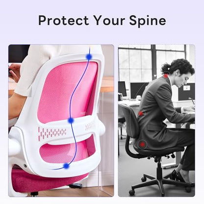 amseatec Ergonomic Mesh Desk Chair with Flip-Up Arms, Supports 300 lbs | Aerospace-grade frame, Mesh & 3" foam seat. 90-110° rocking, height adjustable, 360° swivel. - color: Pink