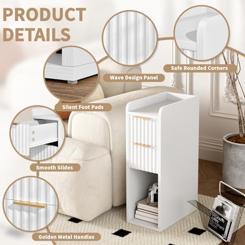 Narrow Nightstand Set of 2, 7.9" Wood Nightstands w/Fluted 2 Drawer, Slim Bed Side End Table Small Spaces Modern Skinny Wooden Night Stand for Bedroom, Living Room, White