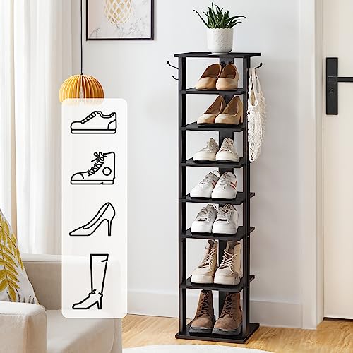 HOOBRO 8 Tiers Vertical Shoe Rack, Wooden Shoe Storage Organizer with Hooks, Narrow Shoe Tower for 8 Pairs, Space Saving, for Entryway, Living Room, Bedroom, Black BK07XJ01 - color: Black, size: 8 Tier (11"W)