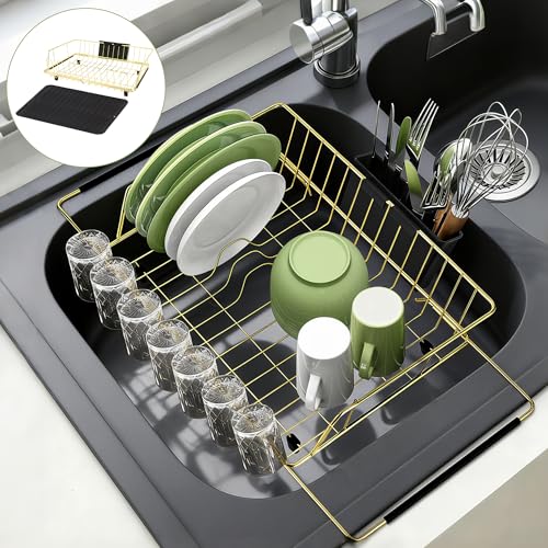 Dish Drying Rack-Large Stainless Steel Dish Drainer Over The Sink for Kitchen Countertop with Utensil Holder and Silicone Drying Mat(Gold, in Sink, 24.2'*13.2') - color: Gold, size: In sink,Extra Large
