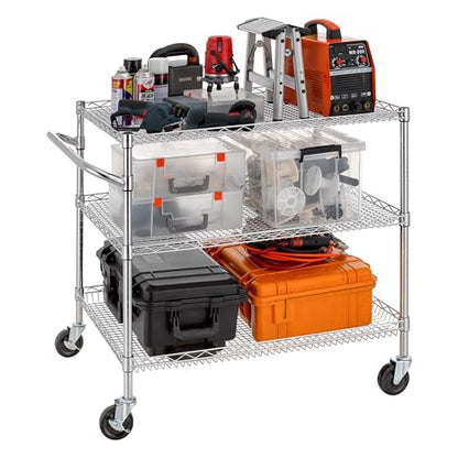 Finnhomy 3 Tier Heavy Duty Commercial Grade Utility Cart, Wire Rolling Cart with Handle Bar, Steel Service Cart with Wheels, Kitchen Carts on Wheels, Metal Cart Shelf Size 24" D x 36" W, NSF, Chrome - size: 36"L x 24"W x 35.4"H-3 Tier, style: Chrome Cart