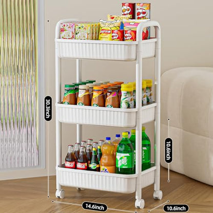 JOYZAN 3 Tier Rolling Carts with Wheels, Utility Cart with Handle and Locking Caster, Storage Cart for Kitchen, Office, Bedroom, Suitable for Diaper, Art Tools, Snack, Craft Storage Cabinet, White - size: White-3 Tier