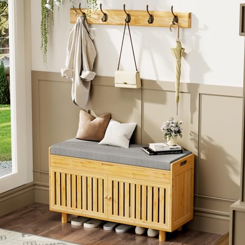 Shoe Storage Bench Coat Rack Set, 35.4" Bamboo Hall Tree Entryway Bench | Shoes Bench with Lift Top Hidden Storage & Wall Hooks, 2-Tier Shoe Cabinet with Seat Cushion for Foyer, Hallway, Natural - color: Natural With Hooks