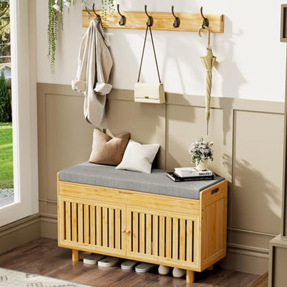 Shoe Storage Bench Coat Rack Set, 35.4" Bamboo Hall Tree Entryway Bench | Shoes Bench with Lift Top Hidden Storage & Wall Hooks, 2-Tier Shoe Cabinet with Seat Cushion for Foyer, Hallway, Natural - color: Natural With Hooks