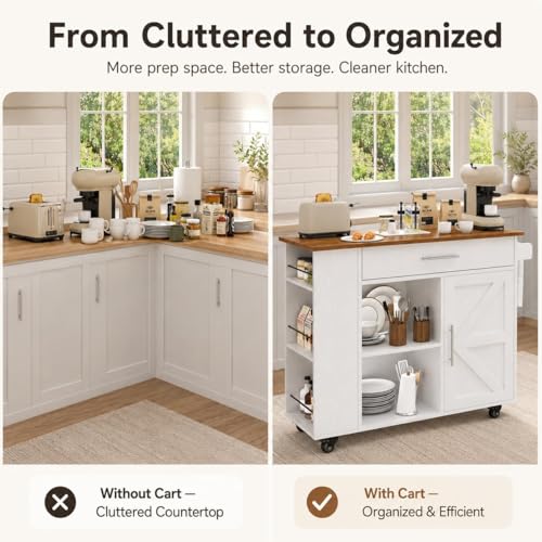 4 EVER WINNER 39" Rolling Kitchen Island with Storage and Drawer, Farmhouse Kitchen Island on Wheels with 3-Tier Spice Rack, Adjustable Shelf & Towel Rack, Mobile Kitchen Cart for Small Space, White - style: WHITE