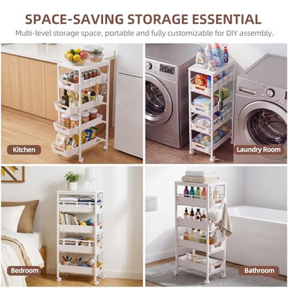 5 Tier Slim Rolling Storage Cart with Pull-Out Drawers, White | Narrow Utility Organizer Cart, Wooden Top, Wheels, For Small Spaces, Kitchen, Bathroom, Laundry Room - color: White