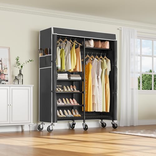 VIPEK R4C Portable Closet Rolling Clothes Rack with Wheels & Zippered Cover | Black Upgraded Fabric Cover, Lockable Wheels, 4 Adjustable Shelves, 2 Hanging Rods, Metal Porable Garment Rack for Bedroom - color: Black Rack with Black Cover, style: R4C