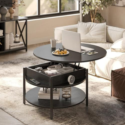 FABATO 26.77” Round Lift Top Coffee Table with Storage, Black | Farmhouse Coffee Table, 2 Tier Small Round Center Table, Center Table for Living Room, Circle Dining Table - color: Black