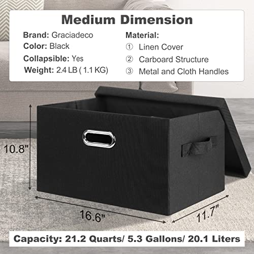 Graciadeco Medium 15" 21 Quart Collapsible Stackable Storage Bins with Lids, 5 Packs Black Foldable Fabric Closet Storage Boxes with Lids, Lidded Heavy-duty Linen Baskets(15x11x8) | 21 Quart 5 Pack Black Collapsible Stackable Linen Fabric 4 Handles Bedroo