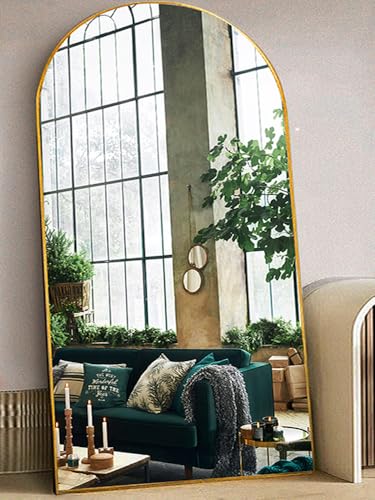 Floor Mirror, 90"×46" Arched Full Length with Stand, Standing, Full Body, Large, Wall, Freestanding, Aluminum Frame - Gold - color: Gold, size: 90"L x 46"W